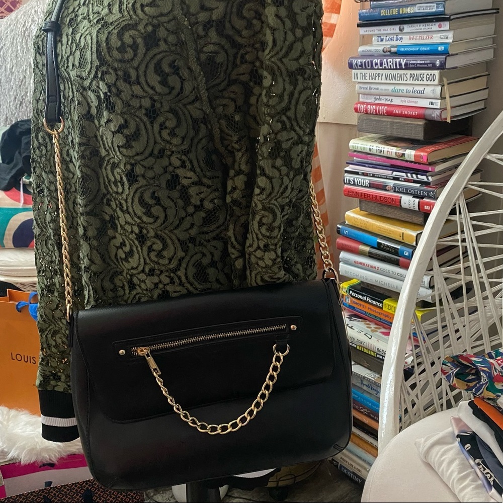 Kari Blue black structured satchel handbag gold chain detail